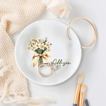 Personalized Birth Flower Ring Dish with Name