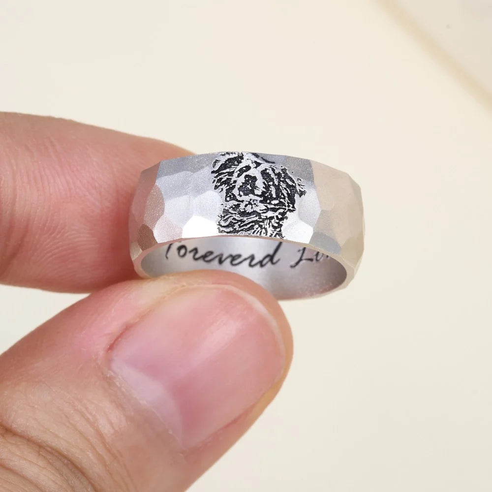 Custom Engraved Sketch Photo Hammered Ring