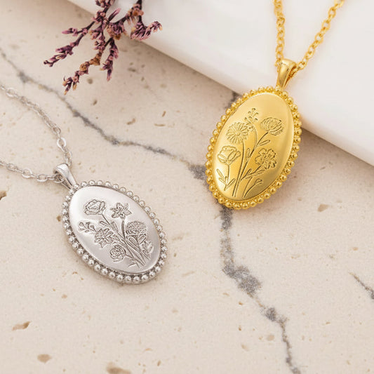 Personalized Engraved Birth Flower Bouquet Necklace