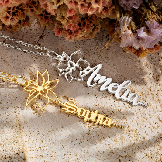 Custom Birth Flower Name Necklace 925 Sterling Silver