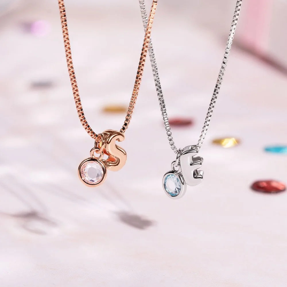 Custom Bubble Initial Birthstone Necklace