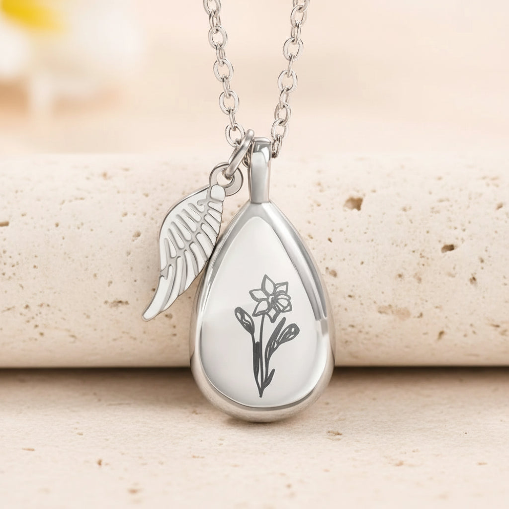 Engraved Teardrop Birth Flower Urn Necklace