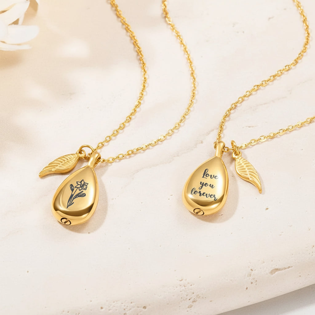 Engraved Teardrop Birth Flower Urn Necklace