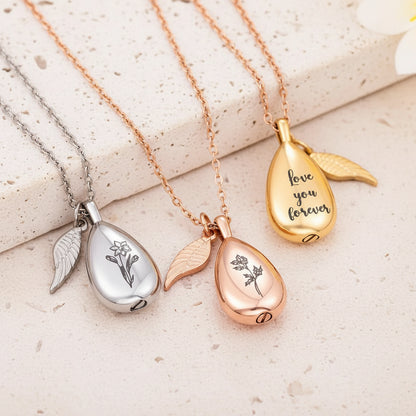 Engraved Teardrop Birth Flower Urn Necklace