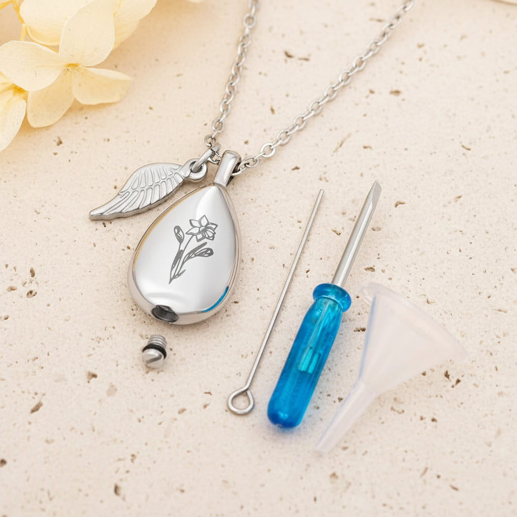 Engraved Teardrop Birth Flower Urn Necklace