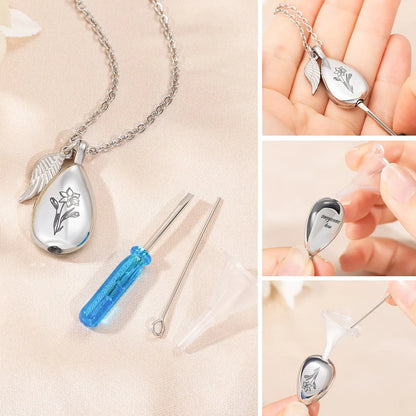 Engraved Teardrop Birth Flower Urn Necklace