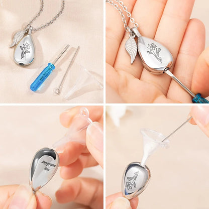 Engraved Teardrop Birth Flower Urn Necklace