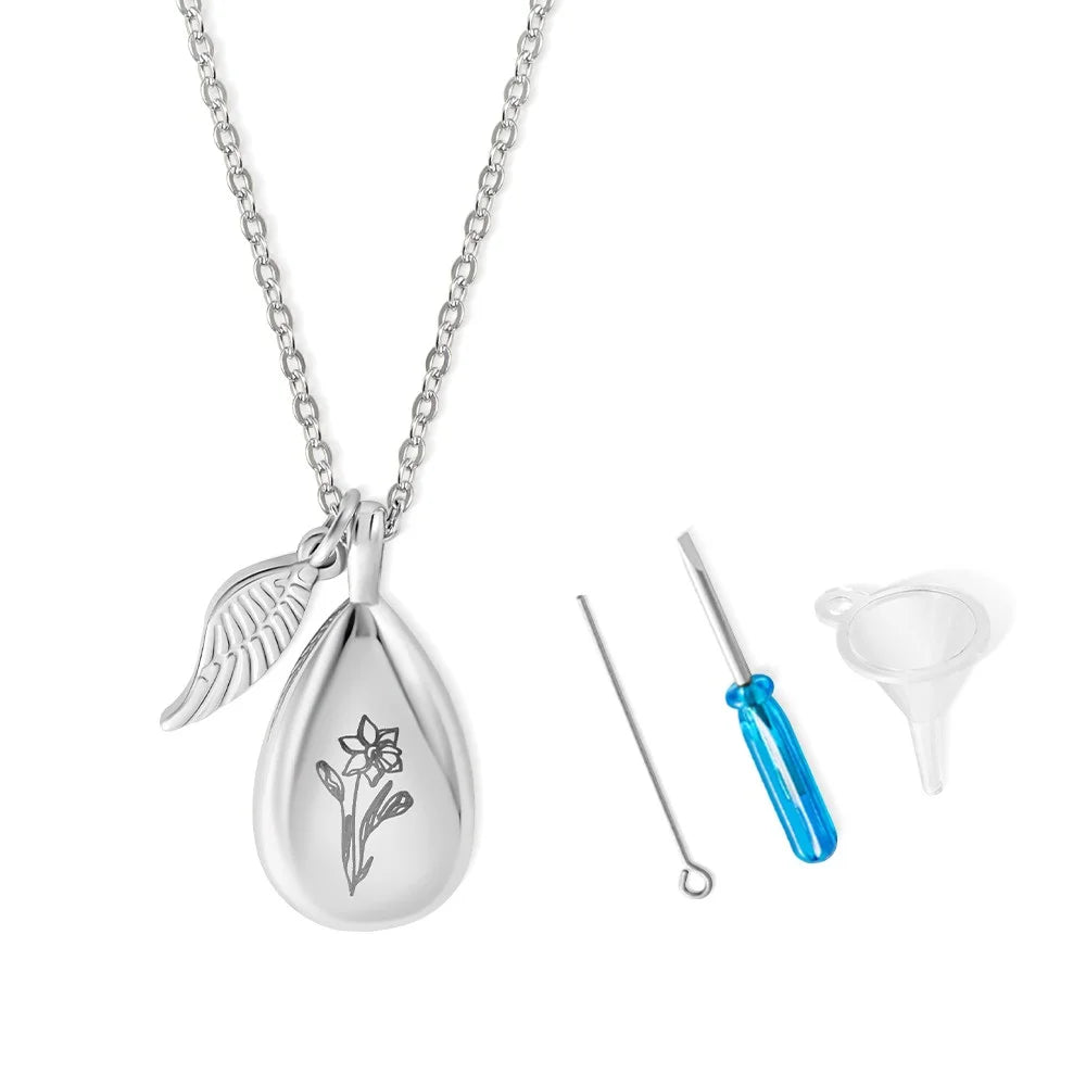 Engraved Teardrop Birth Flower Urn Necklace