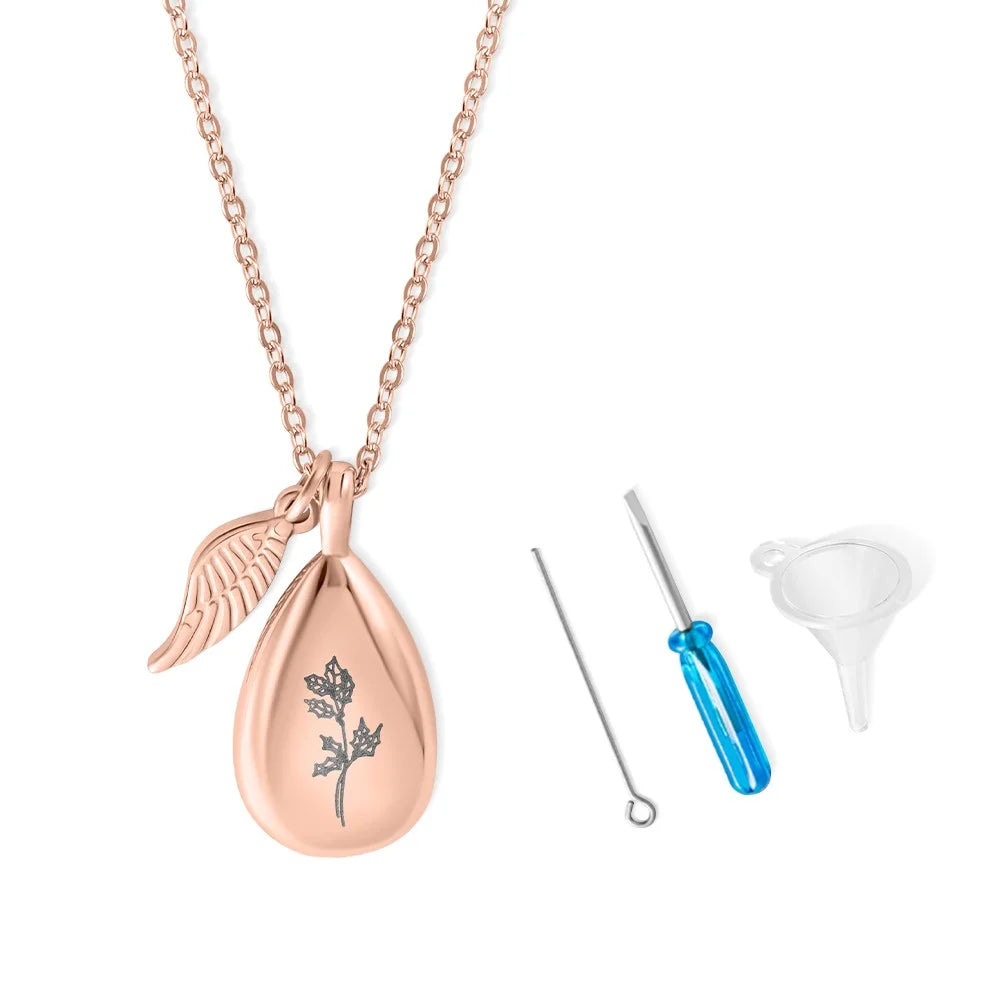 Engraved Teardrop Birth Flower Urn Necklace