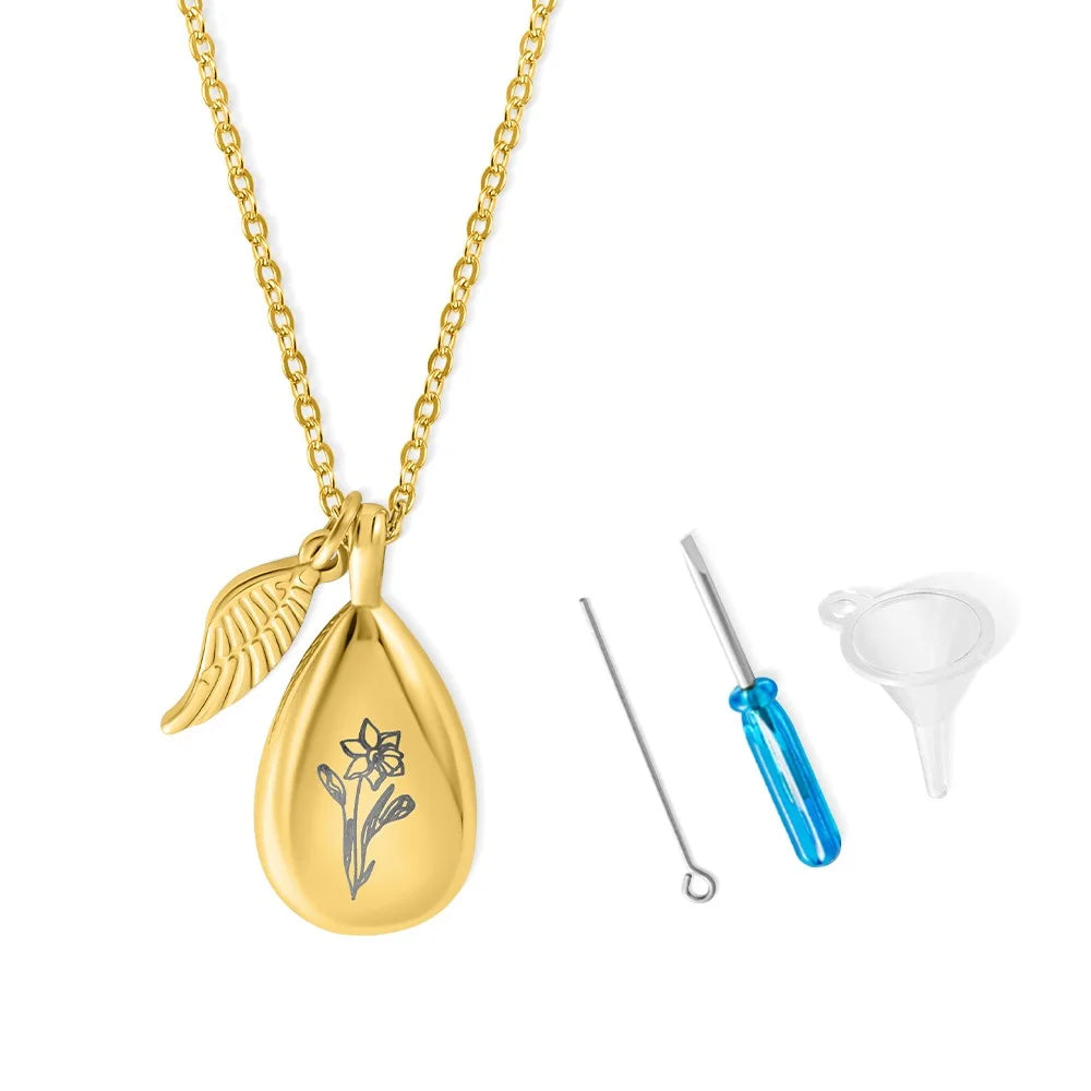 Engraved Teardrop Birth Flower Urn Necklace