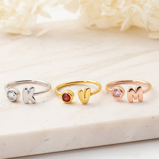 Custom Bubble Initial Letter Birthstone Ring