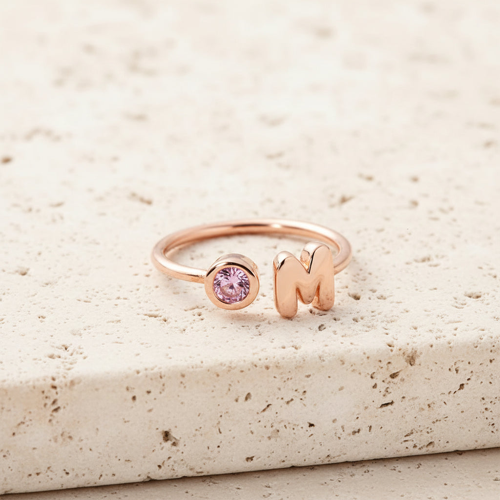 Custom Bubble Initial Letter Birthstone Ring