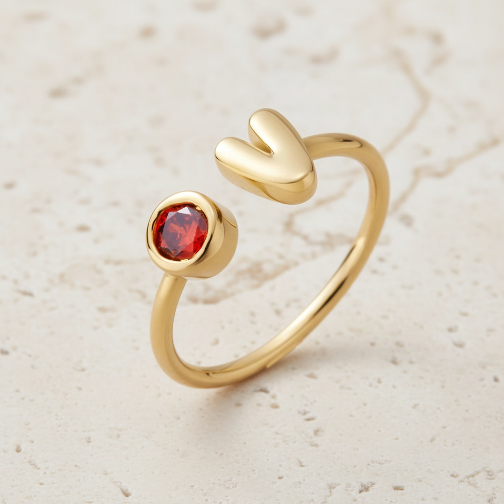 Custom Bubble Initial Letter Birthstone Ring