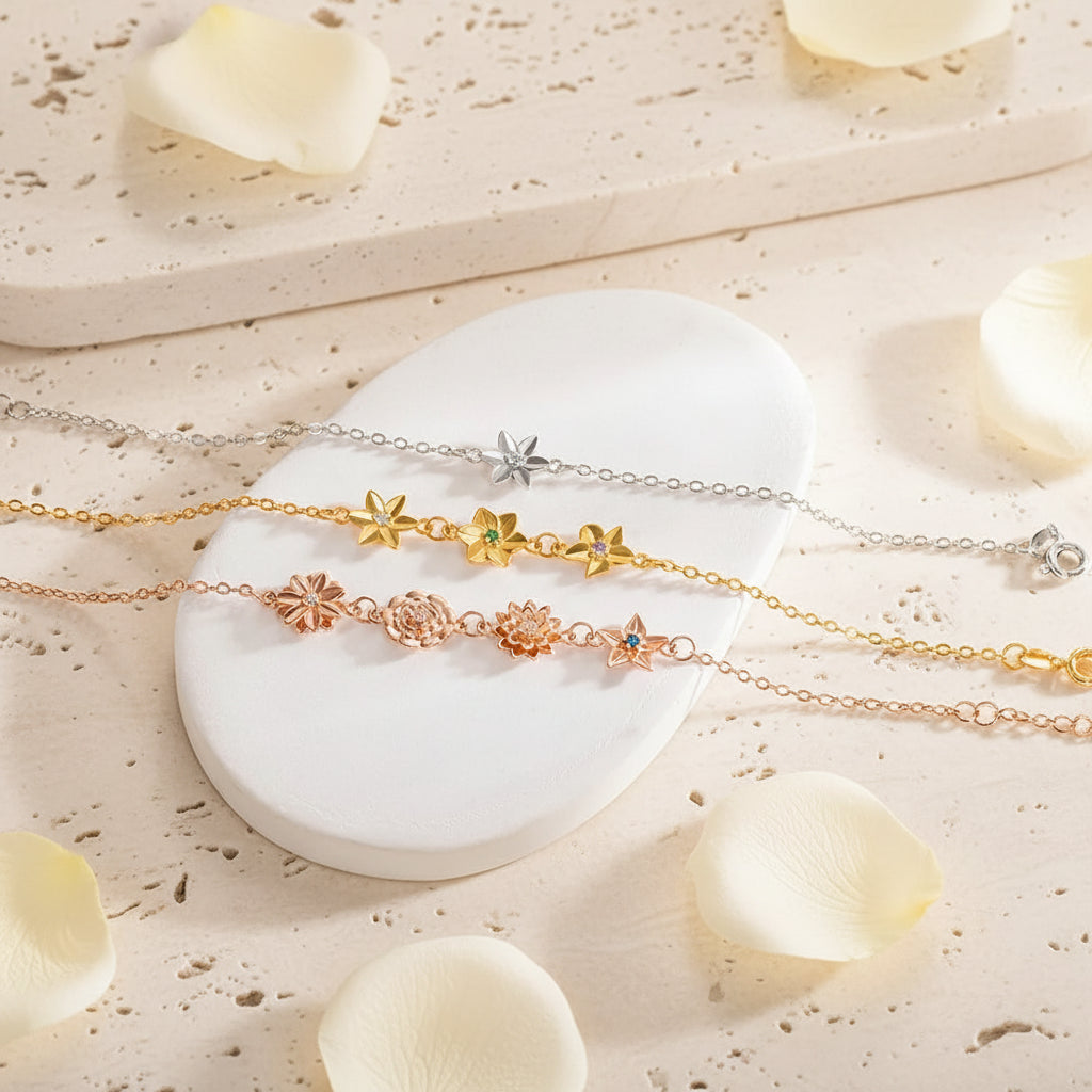 Personalized Birthflowers Bracelet & Necklace SET