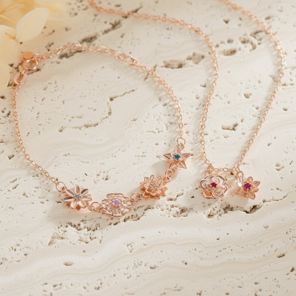 Personalized Birthflowers Bracelet & Necklace SET