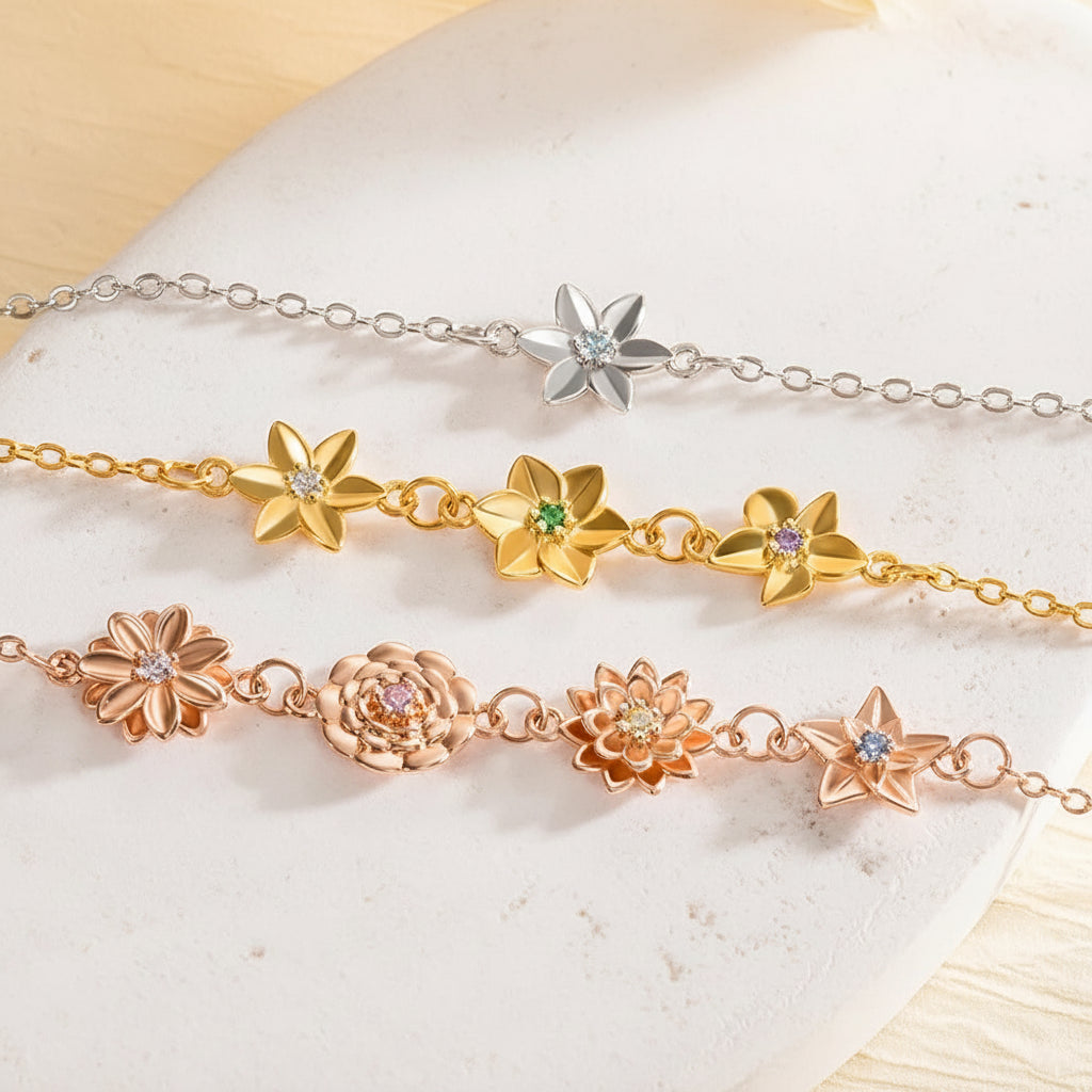 Personalized Birthflowers Bracelet & Necklace SET