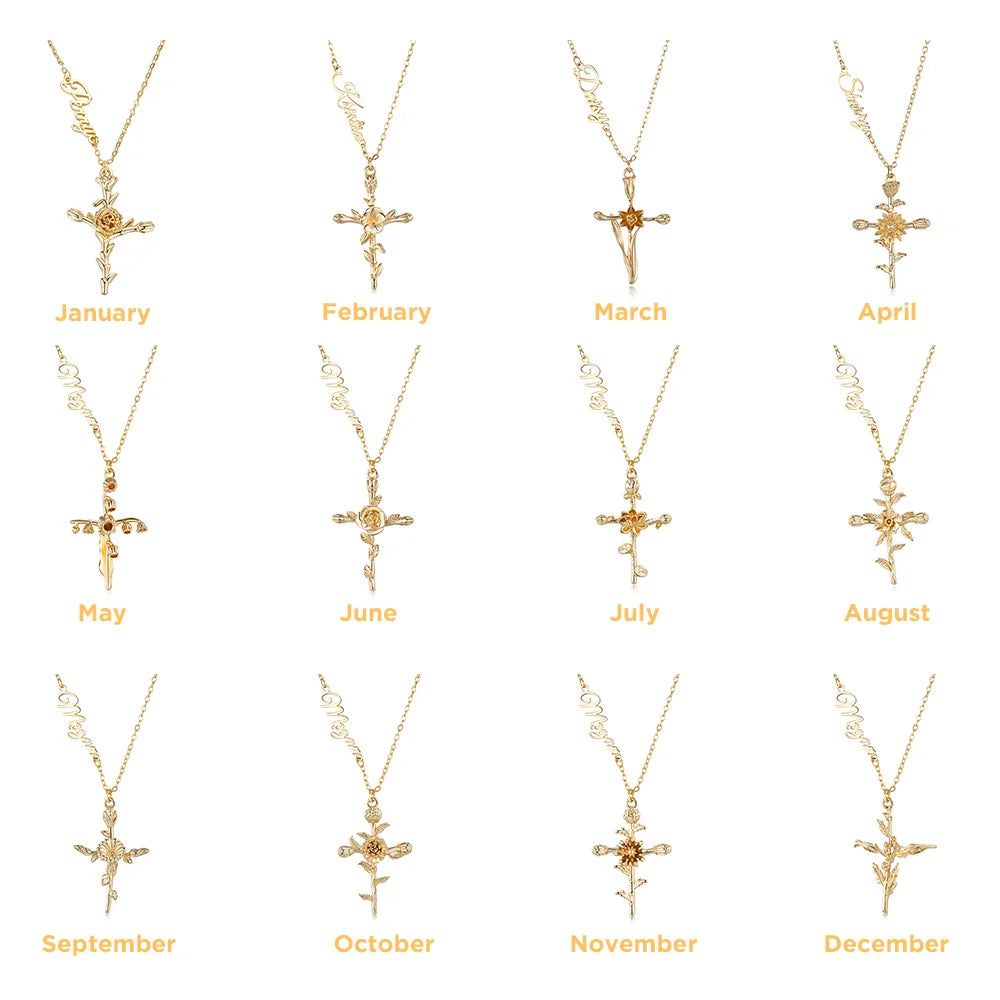 Personalized Cross Birth Flower Name Necklace