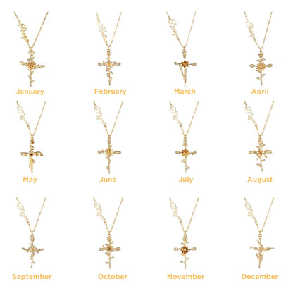Personalized Cross Birth Flower Name Necklace