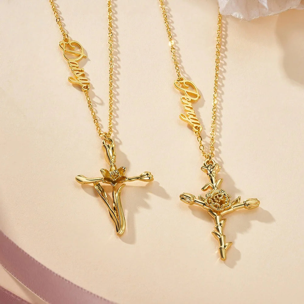 Personalized Cross Birth Flower Name Necklace