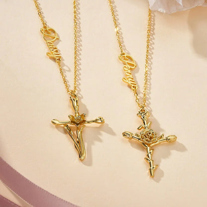 Personalized Cross Birth Flower Name Necklace