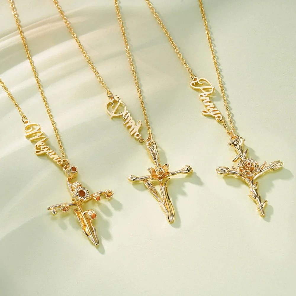 Personalized Cross Birth Flower Name Necklace