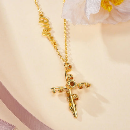 Personalized Cross Birth Flower Name Necklace