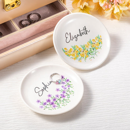 Personalized Birth Flower Ring Dish with Name