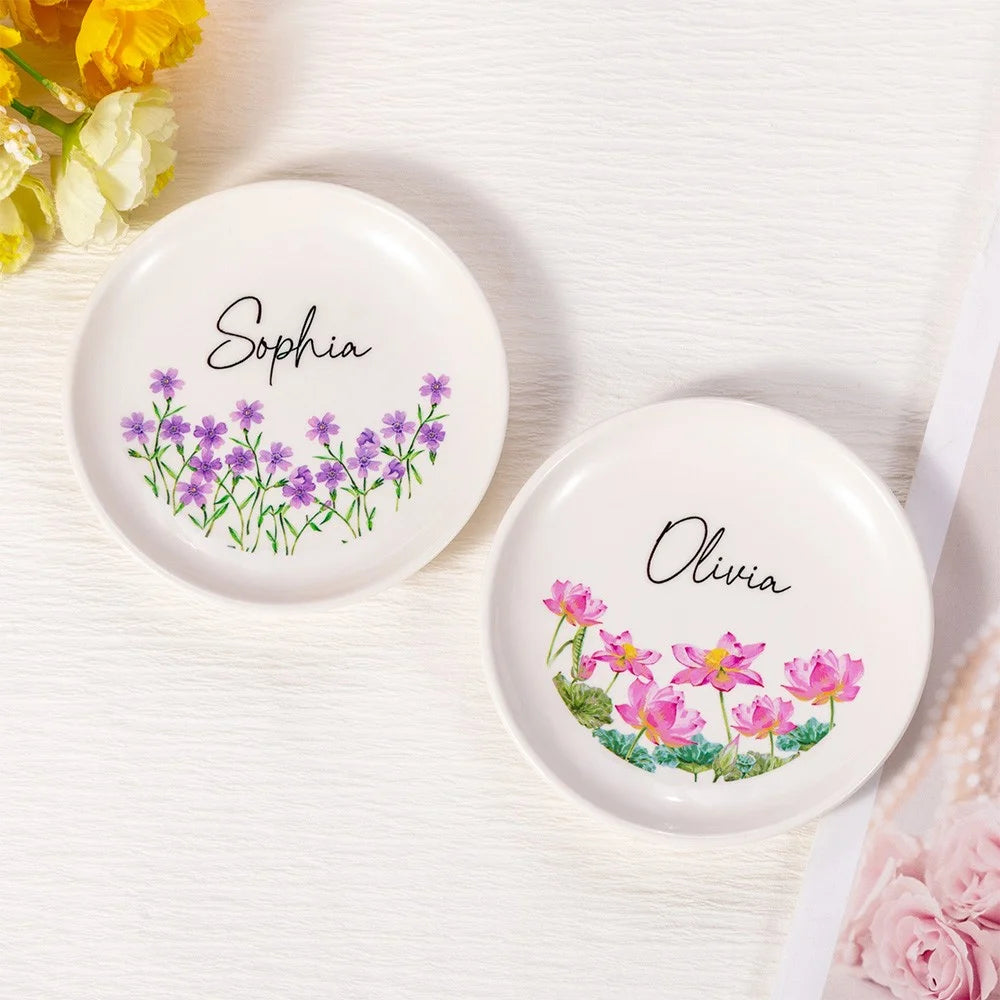 Personalized Birth Flower Ring Dish with Name