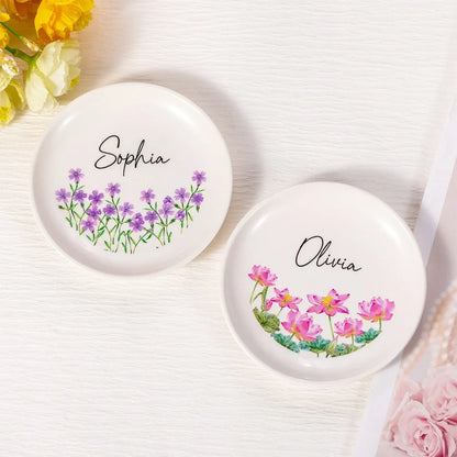 Personalized Birth Flower Ring Dish with Name