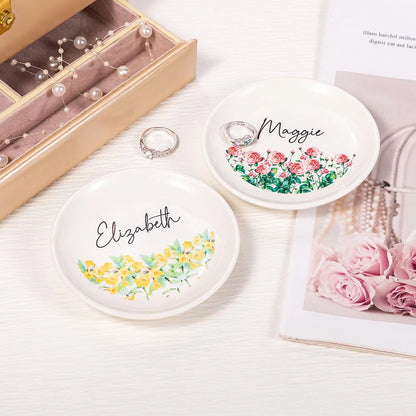 Personalized Birth Flower Ring Dish with Name