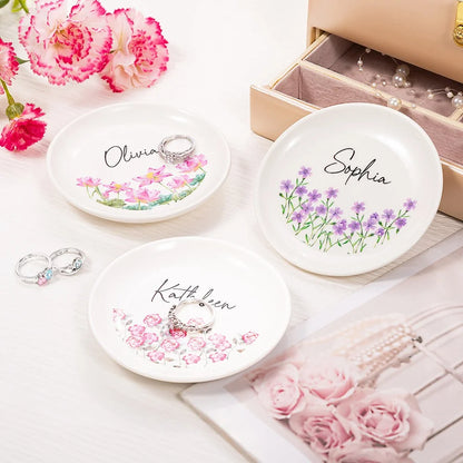 Personalized Birth Flower Ring Dish with Name