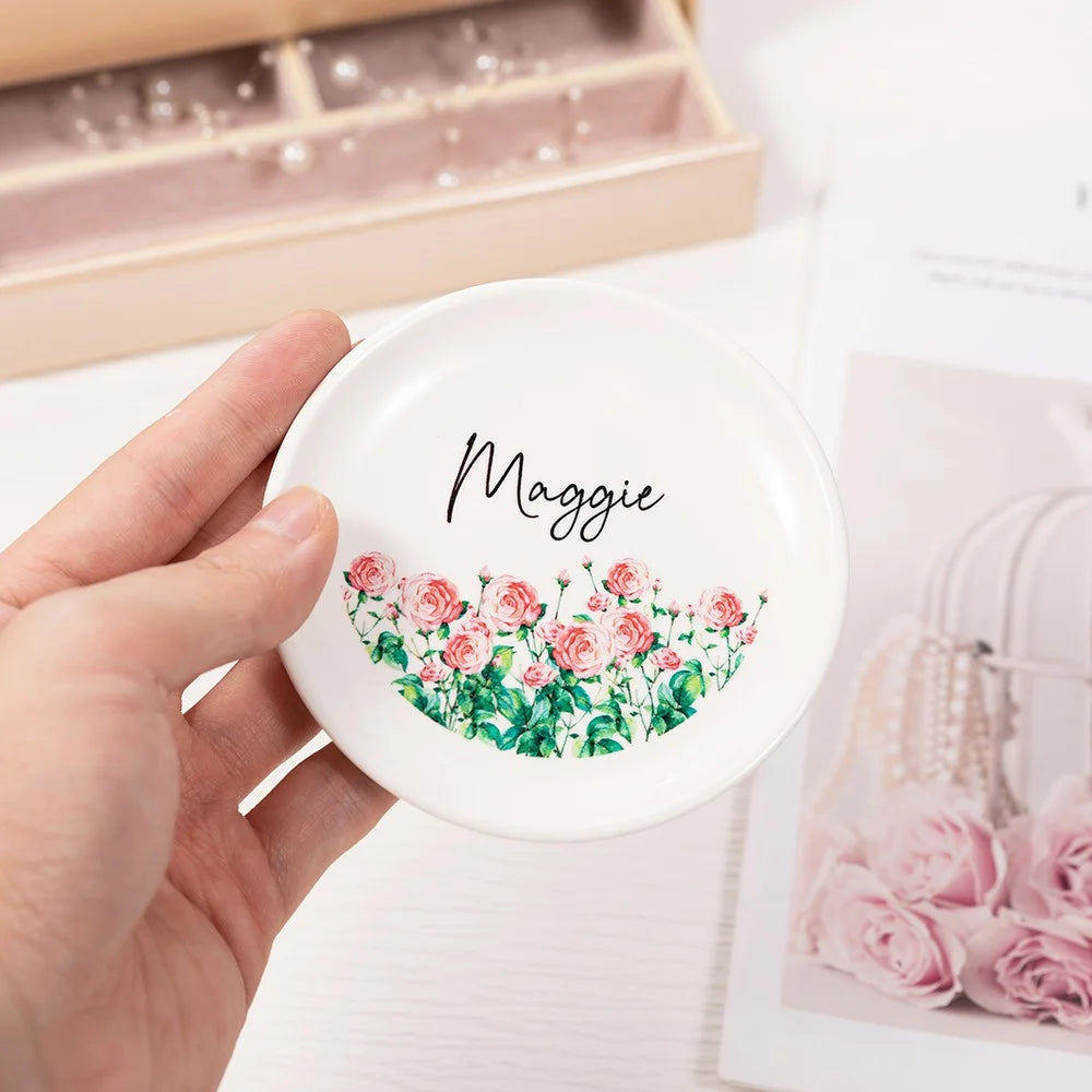 Personalized Birth Flower Ring Dish with Name