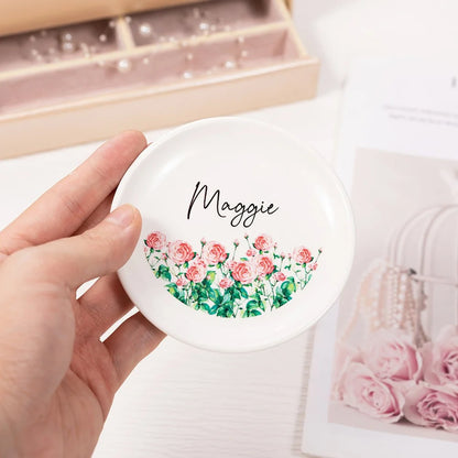 Personalized Birth Flower Ring Dish with Name