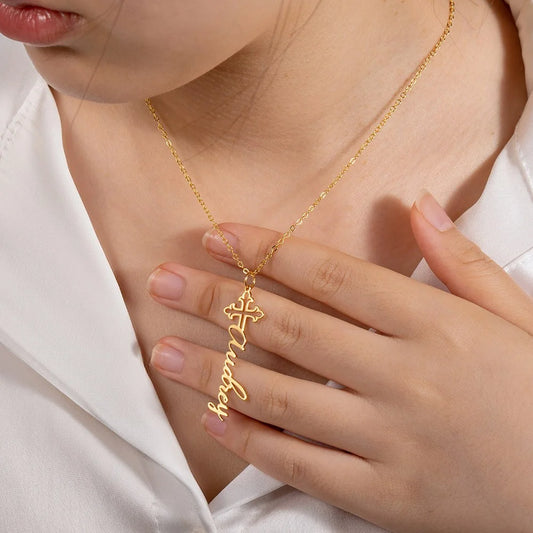 Personalized Vintage Cross Name Necklace