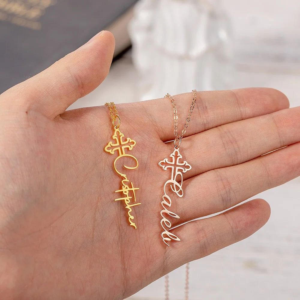 Personalized Vintage Cross Name Necklace