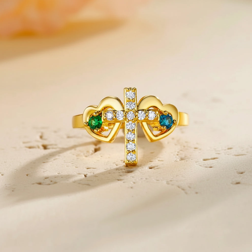 Custom Engraved Double Birthstones Hearts Cross Ring