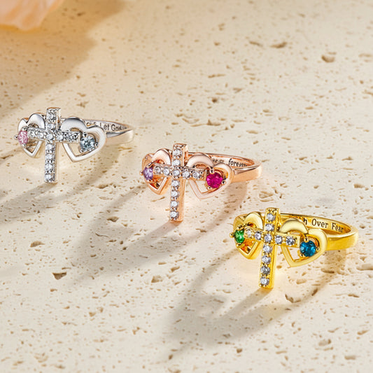Custom Engraved Double Birthstones Hearts Cross Ring