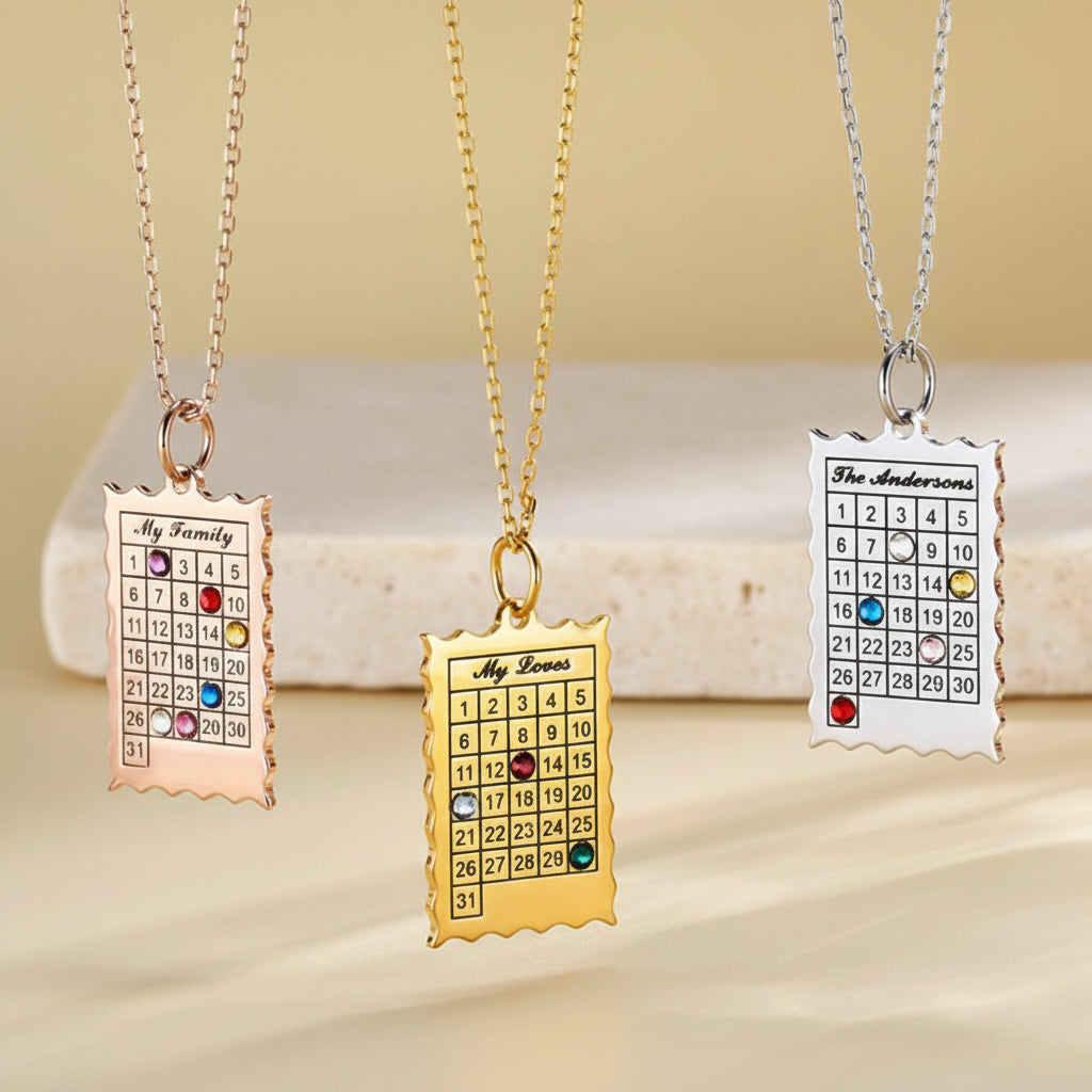 Custom Calendar Necklace with 1-6 Birthstones