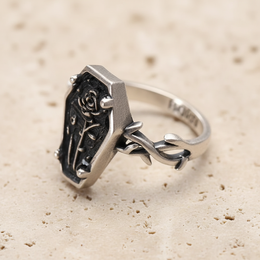 Custom Engraved Coffin Rose Ring