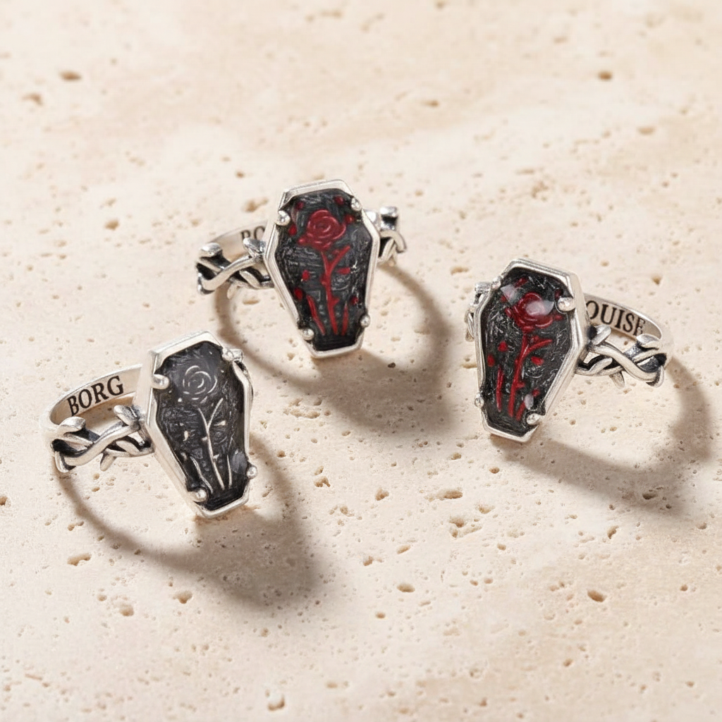 Custom Engraved Coffin Rose Ring