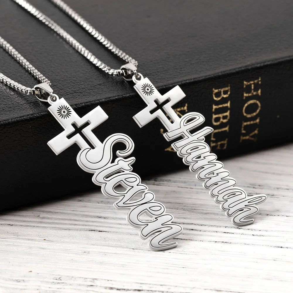 Custom Outline Cross Name Necklace