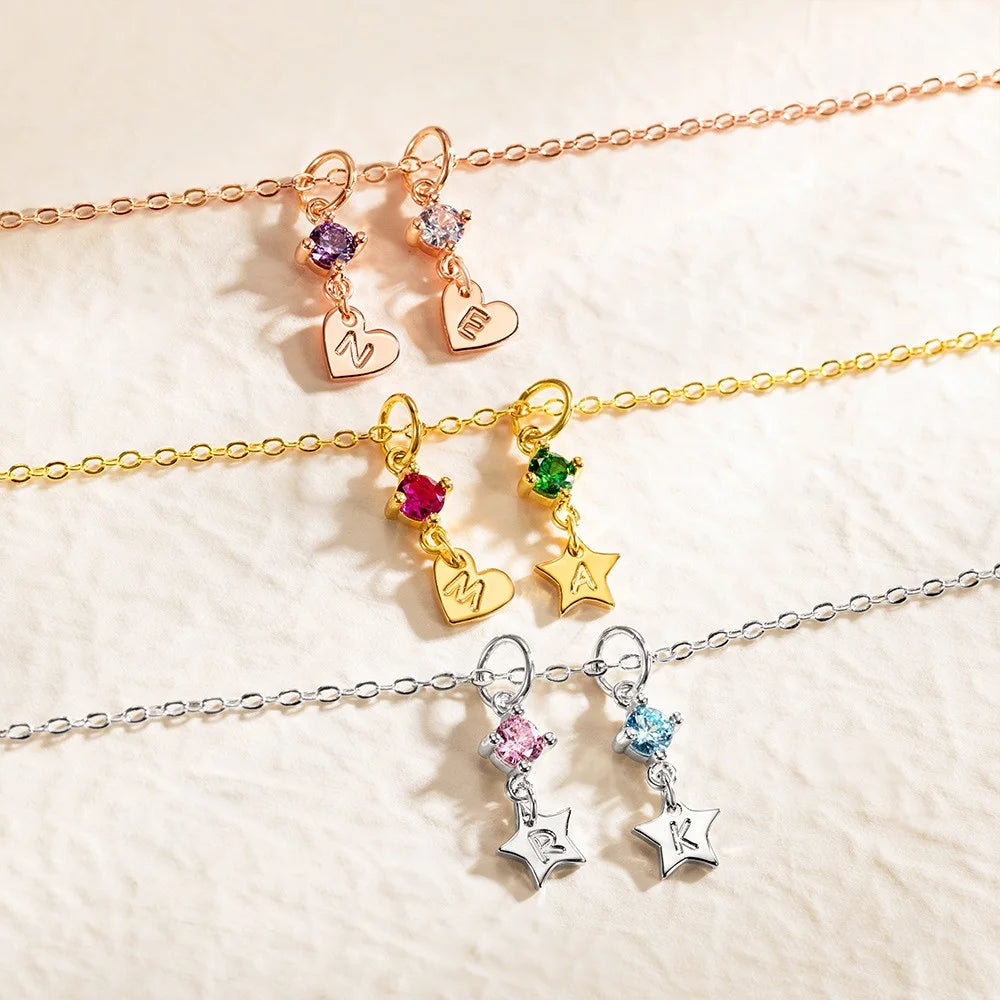 Custom Minimalist Star Initial Necklace with Birthstone