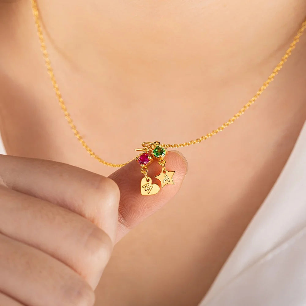 Custom Minimalist Star Initial Necklace with Birthstone