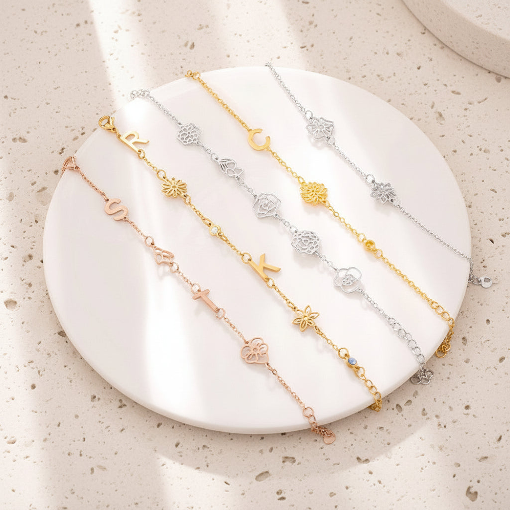Birth Flowers & Birthstones Chain Bracelet