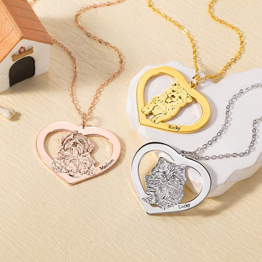 Engraved Pet Portrait Heart Necklace
