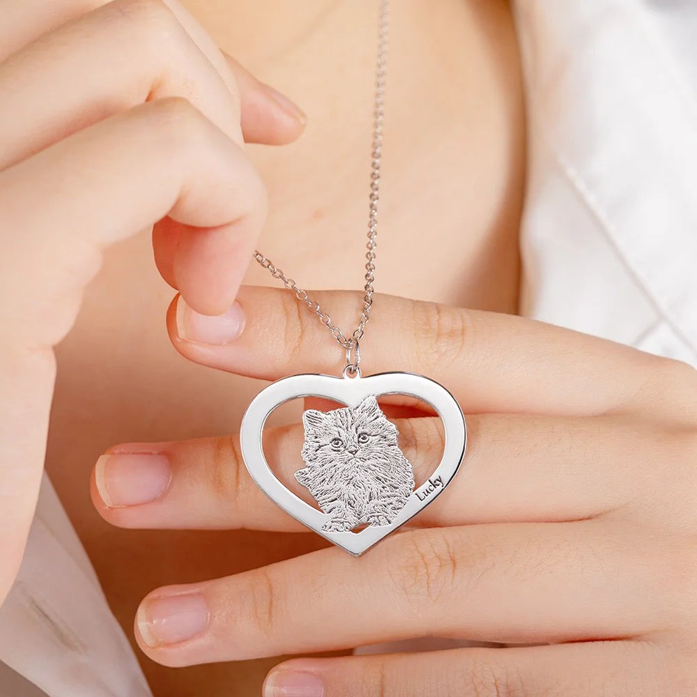 Engraved Pet Portrait Heart Necklace