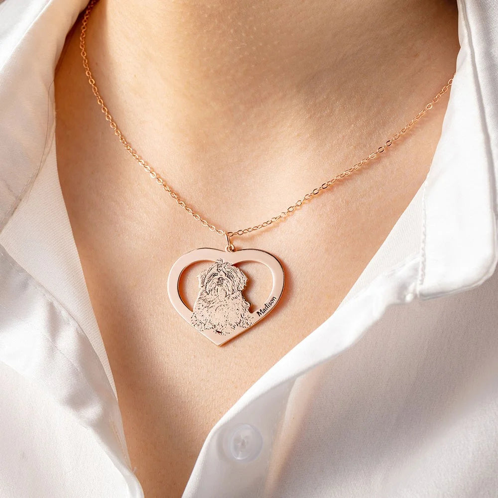 Engraved Pet Portrait Heart Necklace