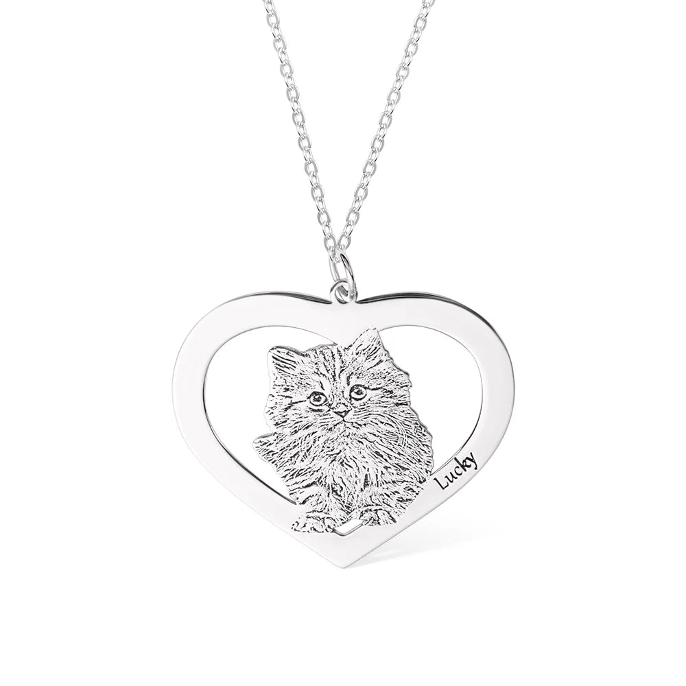 Engraved Pet Portrait Heart Necklace