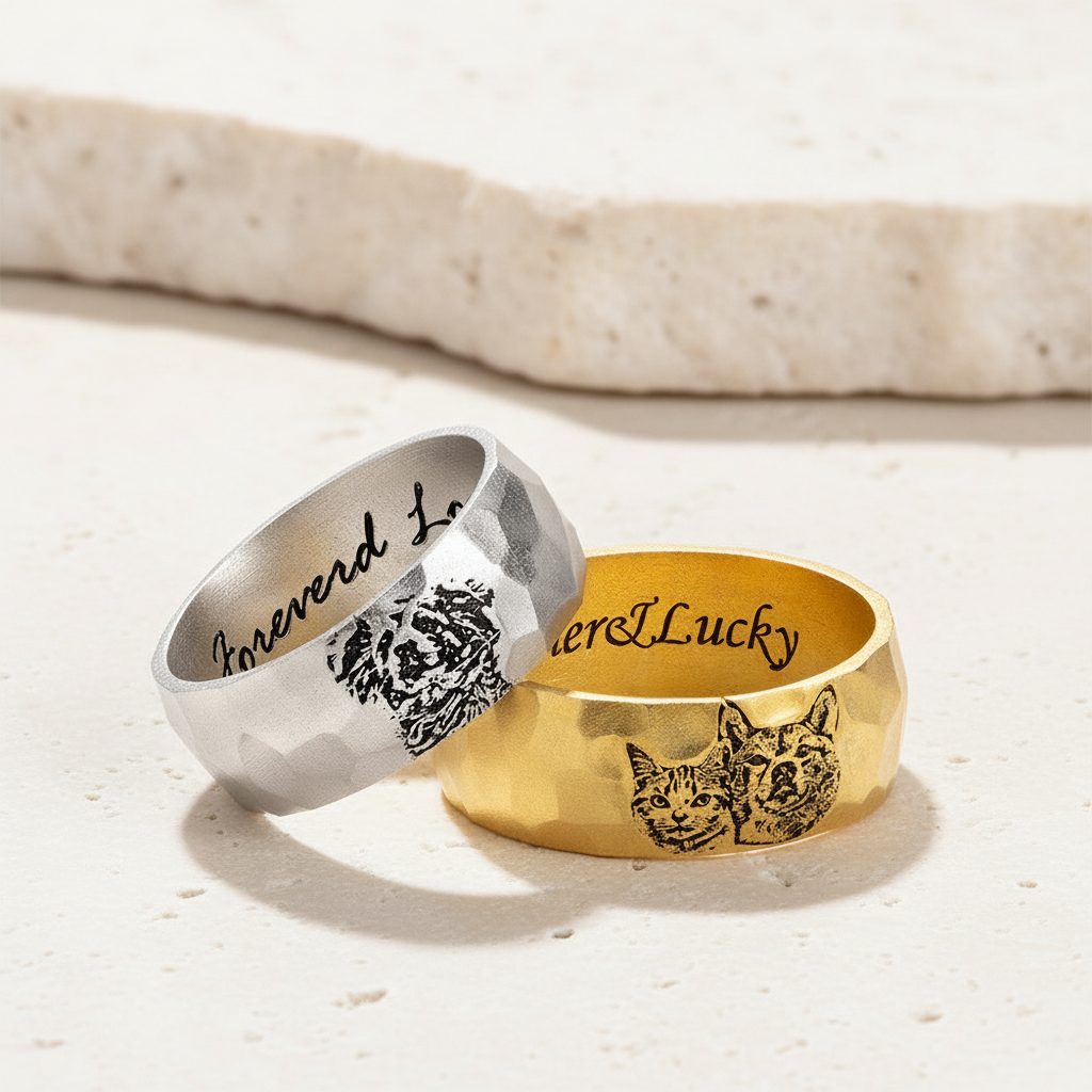 Custom Engraved Sketch Photo Hammered Ring