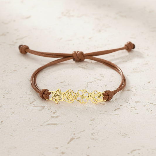 Combined Birth Flower Leather Bracelet